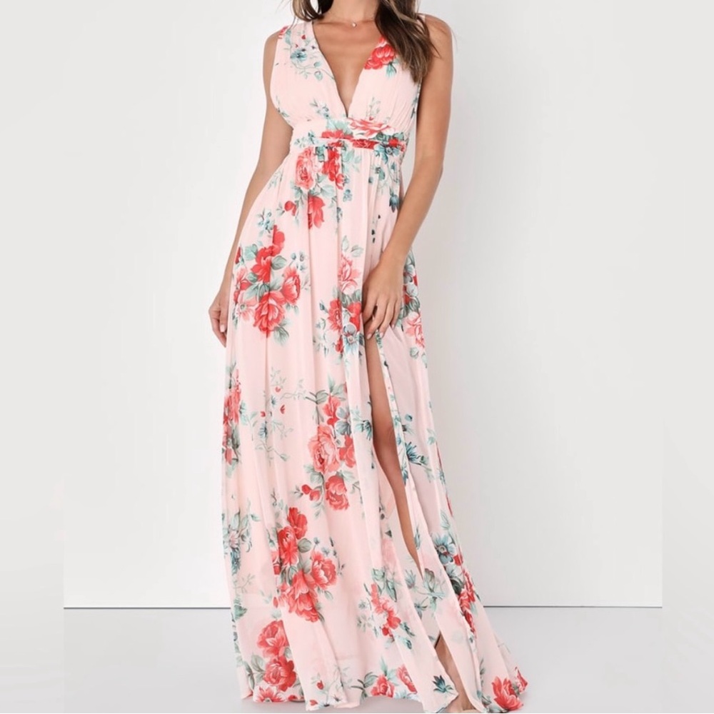 Lulu's Pink and Gray Plunge Maxi Sundress